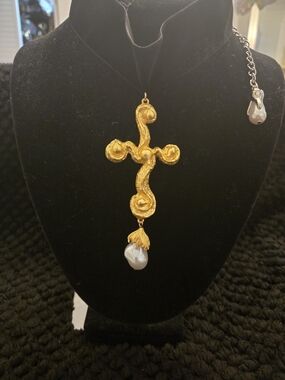 Schiaparelli Inspired Gold Cross Pendant Necklace with Pearl Drop